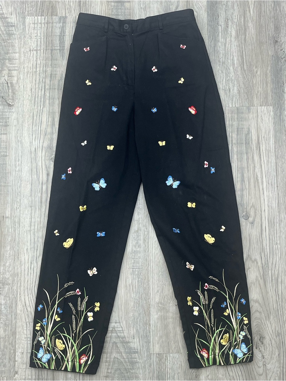 Talbots Women’s Black Embroidered Butterfly Botanical Stretch Pants Size 8